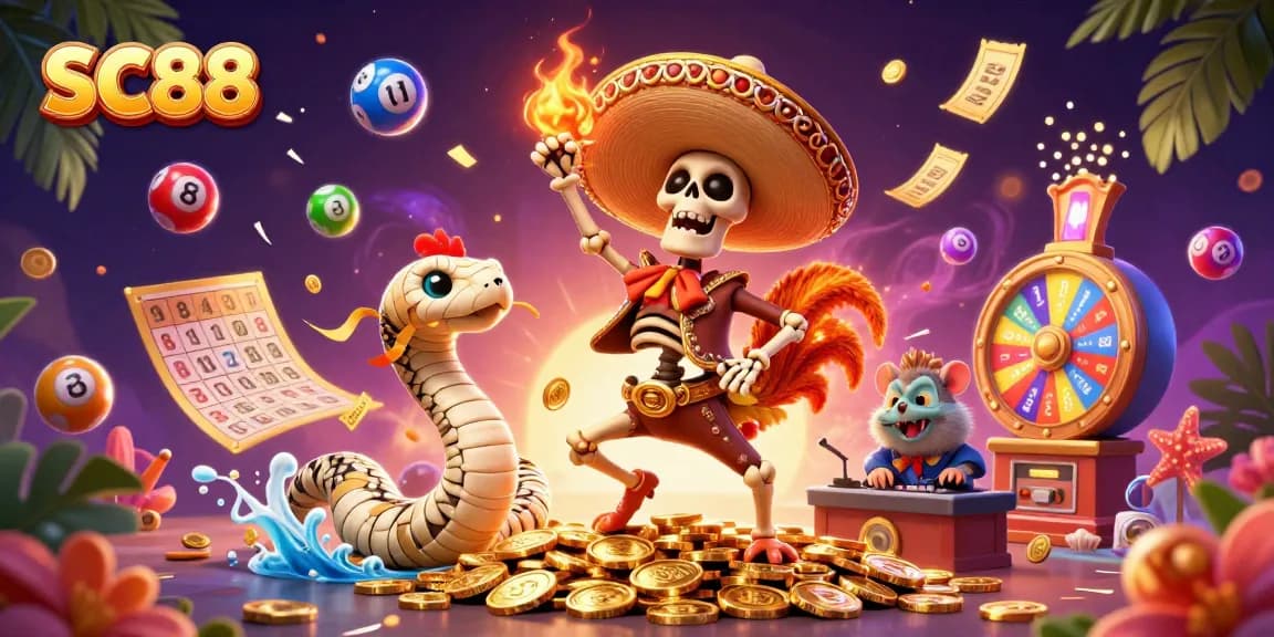 Engage with SC88's vibrant casino scene featuring a dancing rooster, unraveling snake, and DJ hamster.