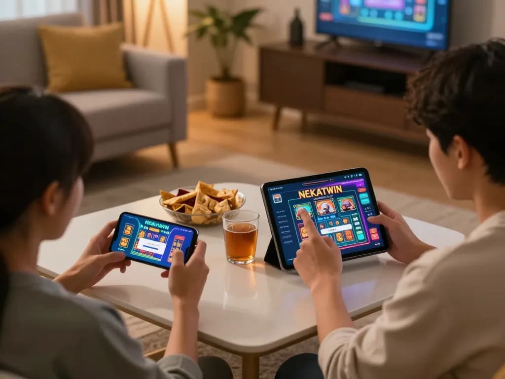 Mobile gaming experience showcasing nekatwin login on a smartphone amidst a cozy home setting.