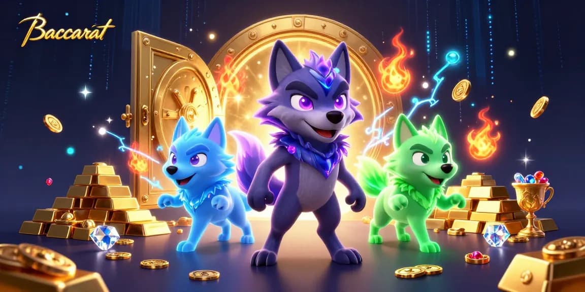 Baccarat gaming scene showcasing a shadow wolf leader and ghostly companions with vibrant treasure elements.