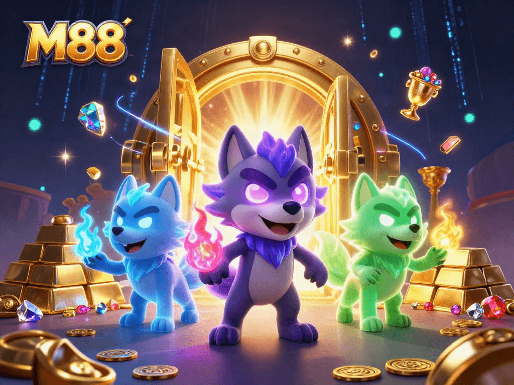 M88 showcases a dynamic casino scene with glowing wolf characters amidst gold treasures and vibrant game elements.