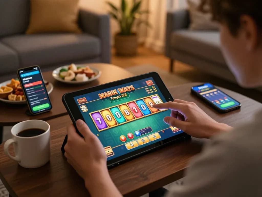 Player engaging with Mahjong Ways on Tempo 123, showcasing an online casino atmosphere with digital reels spinning and competitive spirit.