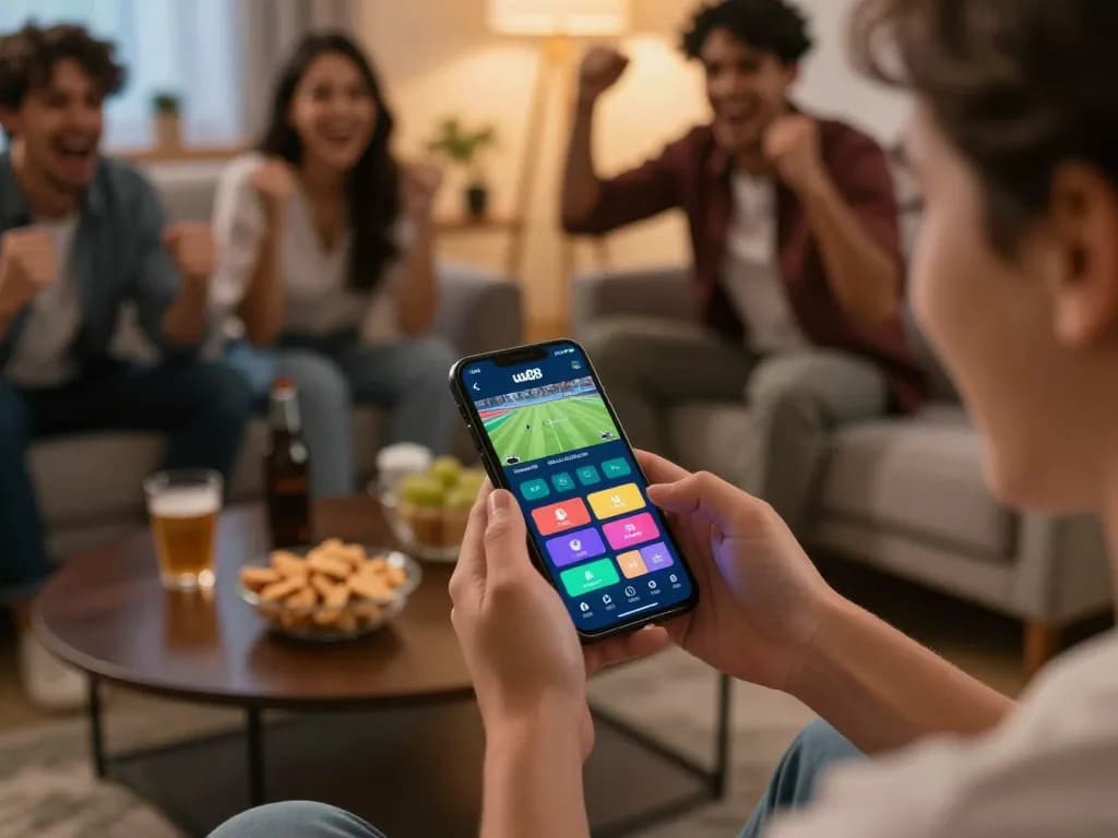 Exciting moment of online sports betting on uu88 app during a live match with friends cheering.
