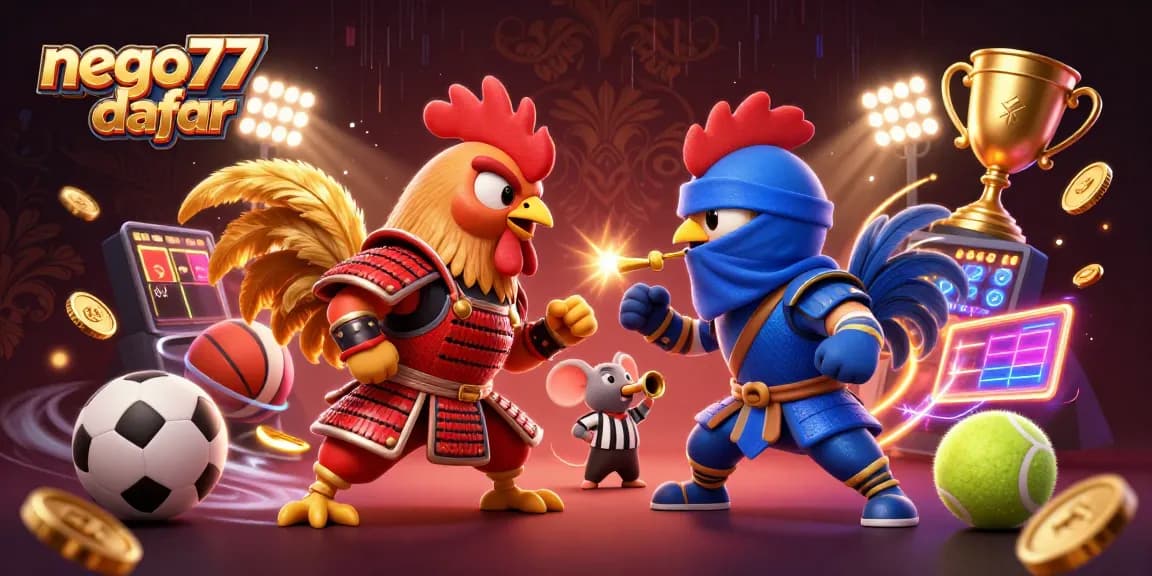 Engage with nego77 daftar in a thrilling match showcasing fighting roosters and high-energy betting action.