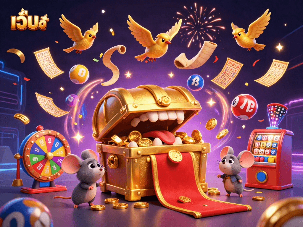 Engaging 3D artwork of เว็บสล็อต showcasing adventurous mice around a treasure chest with vibrant casino elements.