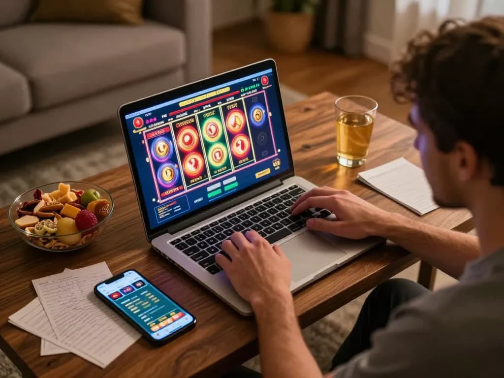Engaging online usa casinos experience with vibrant slots game on laptop in a cozy home setting