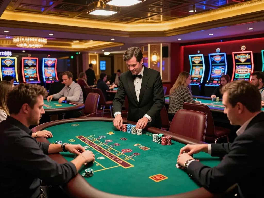 Players enjoying blackjack at sky88 club's vibrant casino floor, chips and excitement abound.