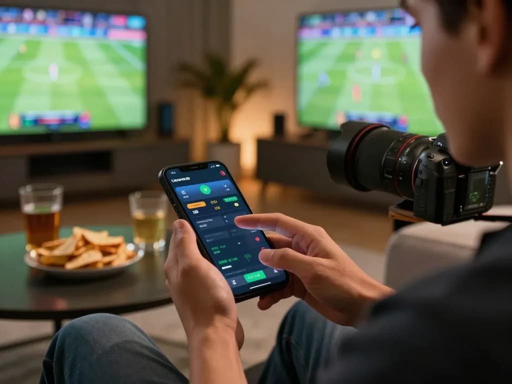 Engaged player betting on live sports using SC88 app in a cozy lounge setting.