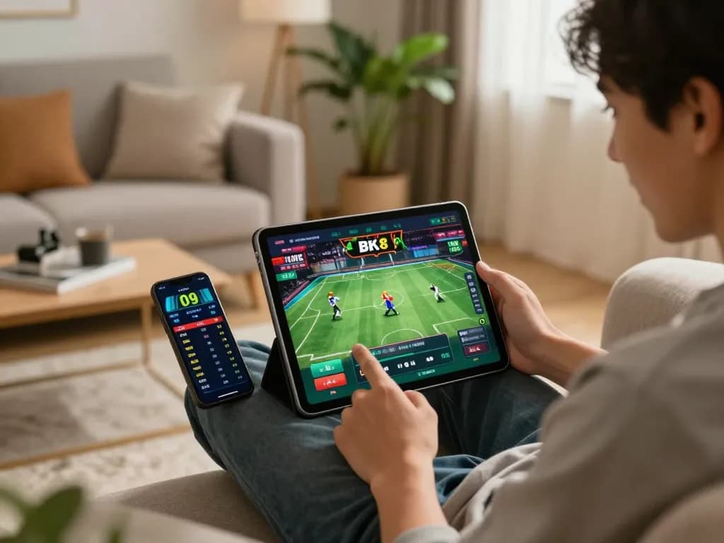 Engaging in live sports betting through the BK8 app on a tablet in a cozy home setting.