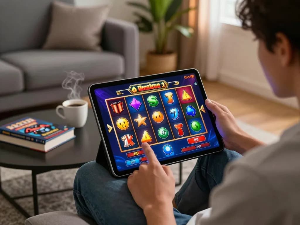Engaging gameplay on tablet featuring slot gacor with colorful reels and vibrant graphics in a cozy living room setting.