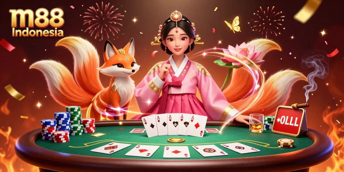 Main di m88 Indonesia dengan suasana kasino yang semarak menampilkan elemen poker dan dekorasi meriah.