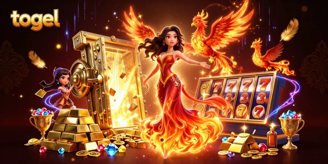 Engage in thrilling togel action with stunning graphics featuring Asian woman adorned in fiery gown and vibrant casino elements.