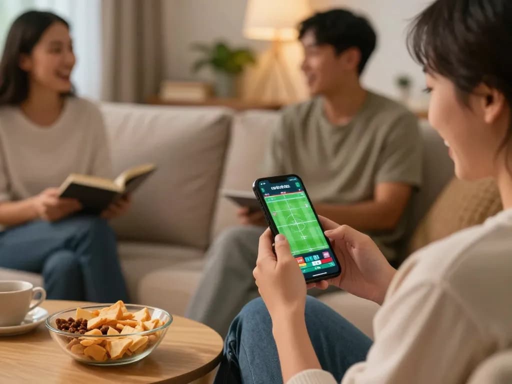 Excited user placing a cược thể thao bet on smartphone in cozy home setting.