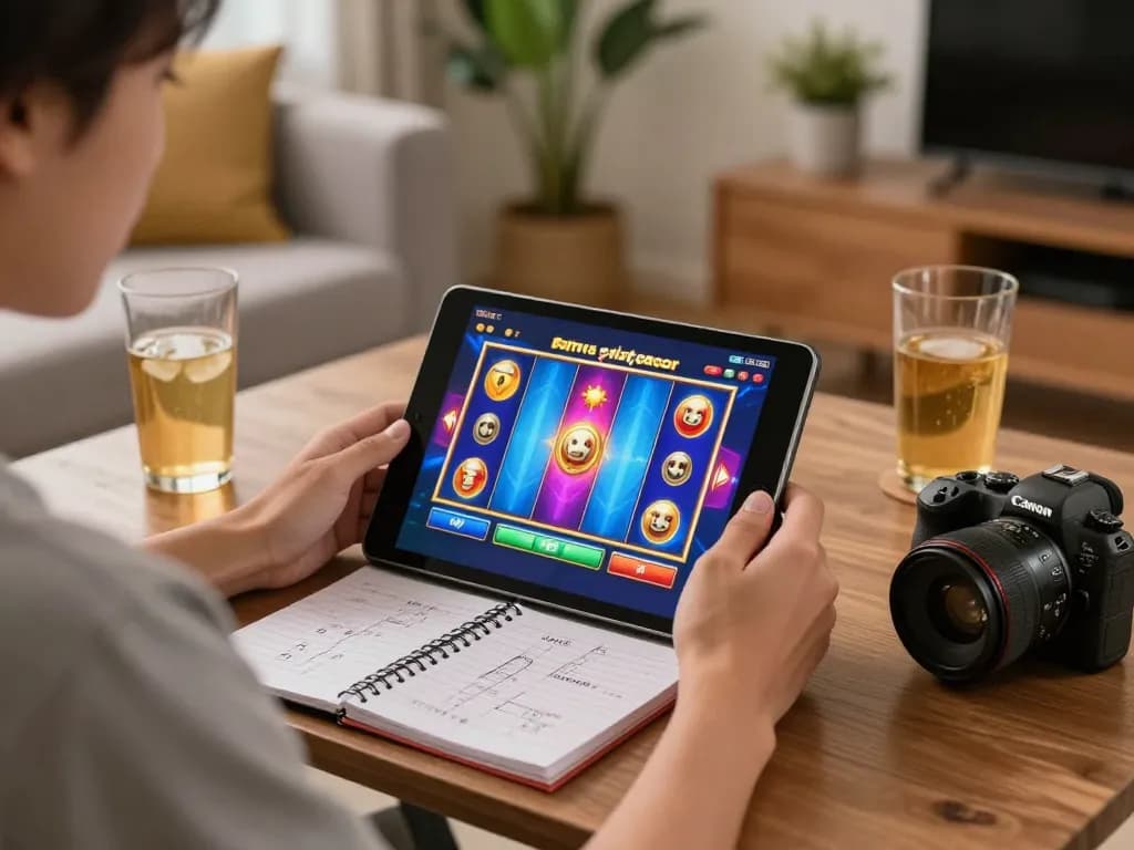 Engaged user playing situs slot gacor on a tablet at home, showcasing vibrant slots.