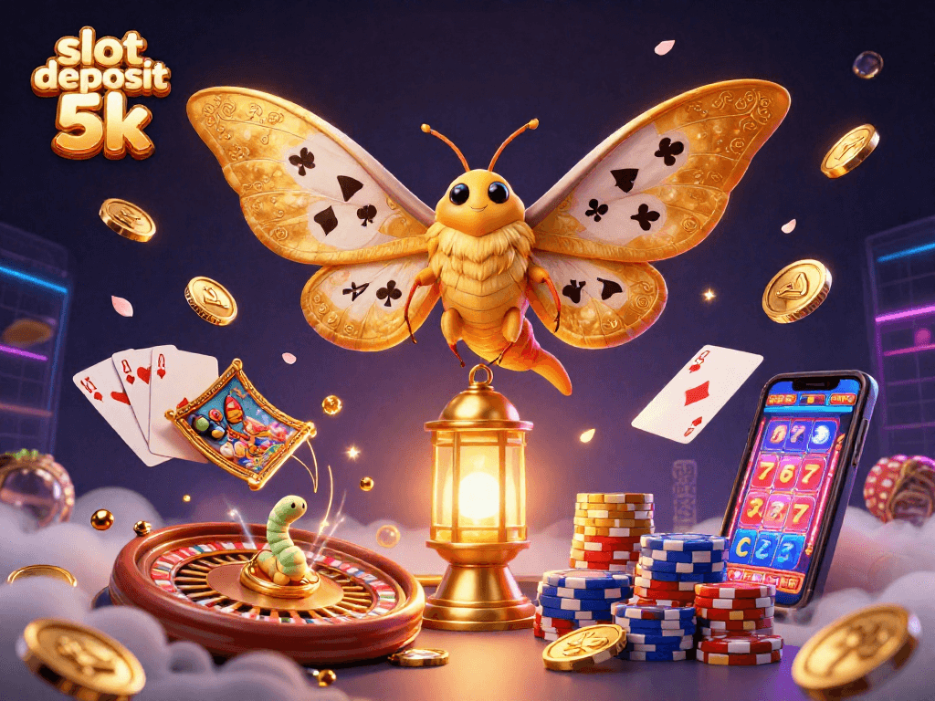 Engage with the slot deposit 5k scene featuring a vibrant atlas moth and casino elements.