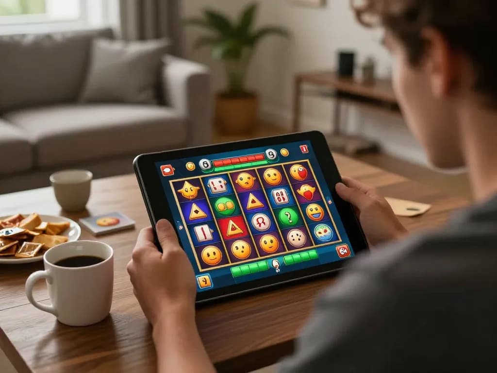Engaging gameplay of slot mahjong displayed on a tablet in a cozy online casino setting.
