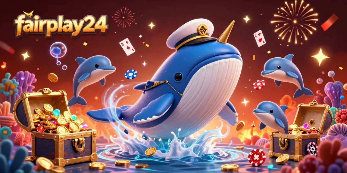 Experience the excitement of fairplay24 with a whimsical scene featuring a captain whale, narwhal, and dolphins celebrating amidst treasure and casino elements.