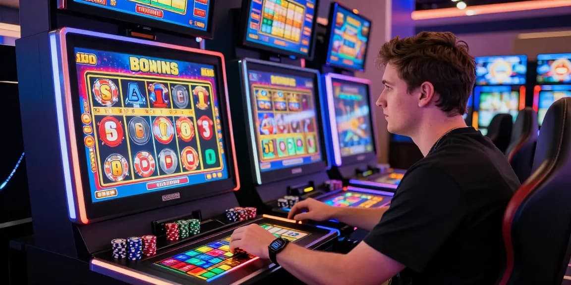 Player enjoying bonus buy slots UK at modern online casino with colorful gaming aesthetics.