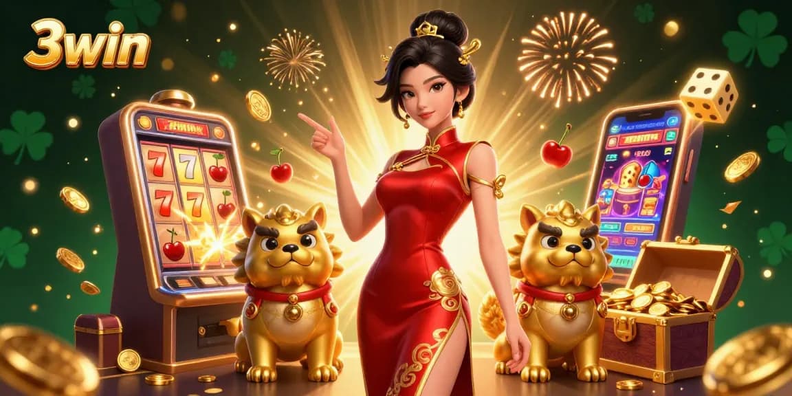 Experience thrilling gameplay with 3win's vibrant casino scene featuring an Asian woman, slot machines, and lucky symbols.