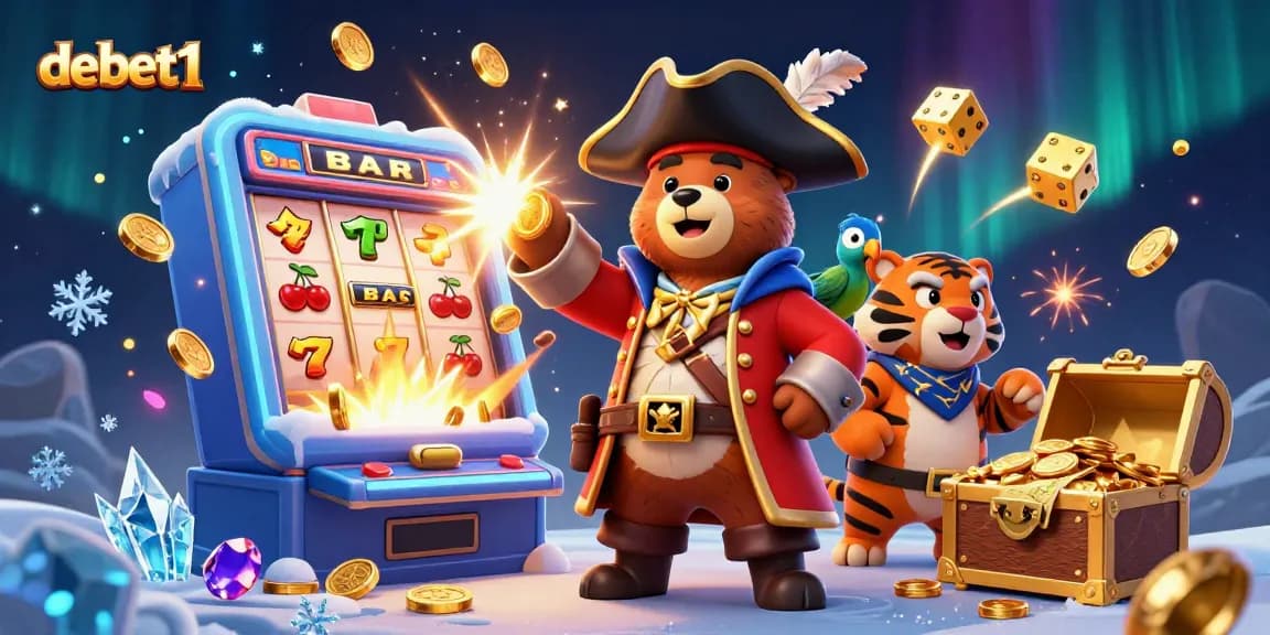 Experience thrilling jackpots with debet1’s vibrant 3D casino illustration featuring dynamic characters and games.
