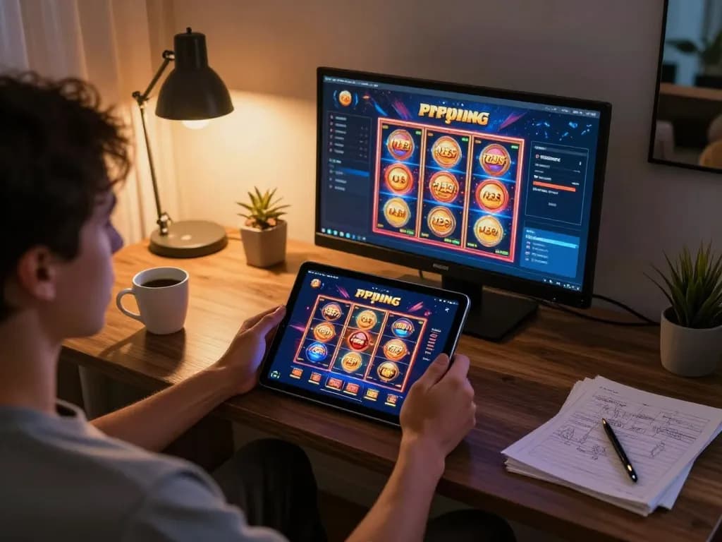 Player engaging with RR99's online casino platform on a tablet, enjoying a cozy gaming environment