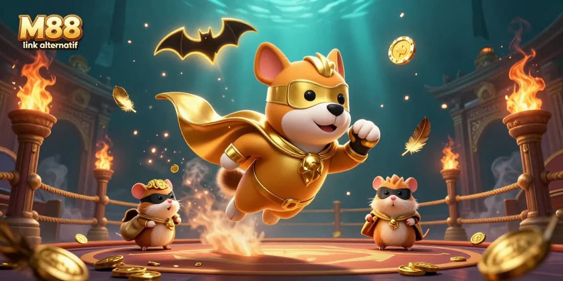 M88 link alternatif captures the superhero dog and hamster's thrilling adventure with gold coins in a dynamic casino-themed illustration.