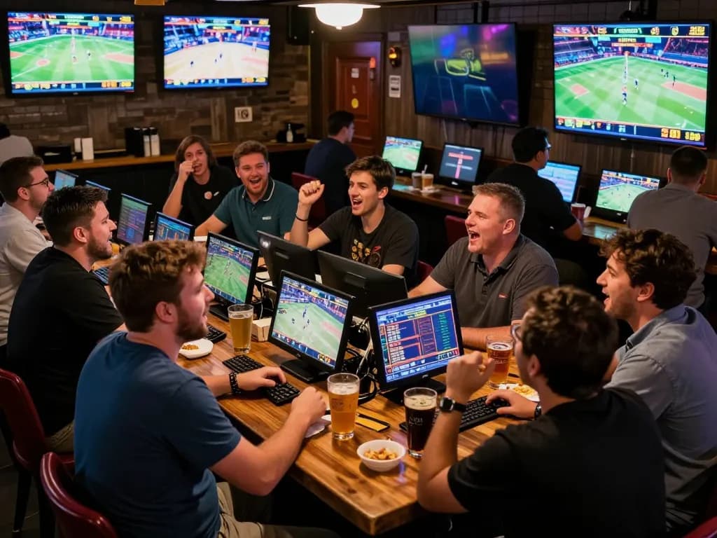 Witness F8BET players engaging in the ultimate sports betting experience in a lively bar.