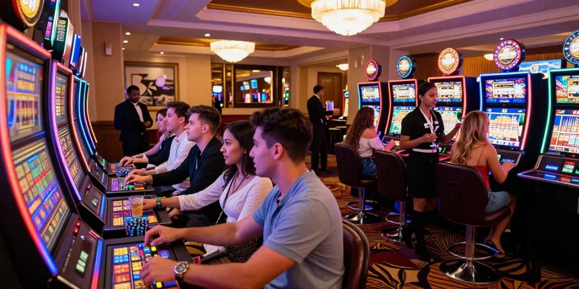 Friends enjoying engaging slot gameplay in a vibrant casino atmosphere
