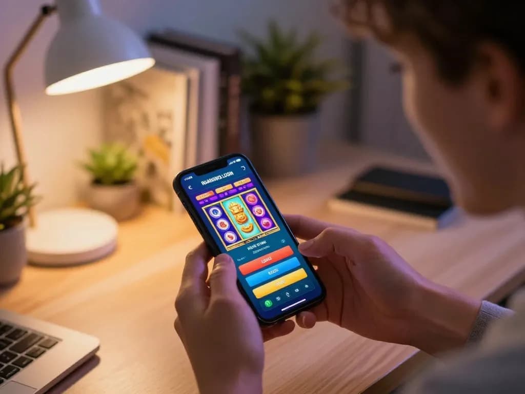 Engaging mobile gaming moment displaying RUANGWD LOGIN app with colorful slots on screen.