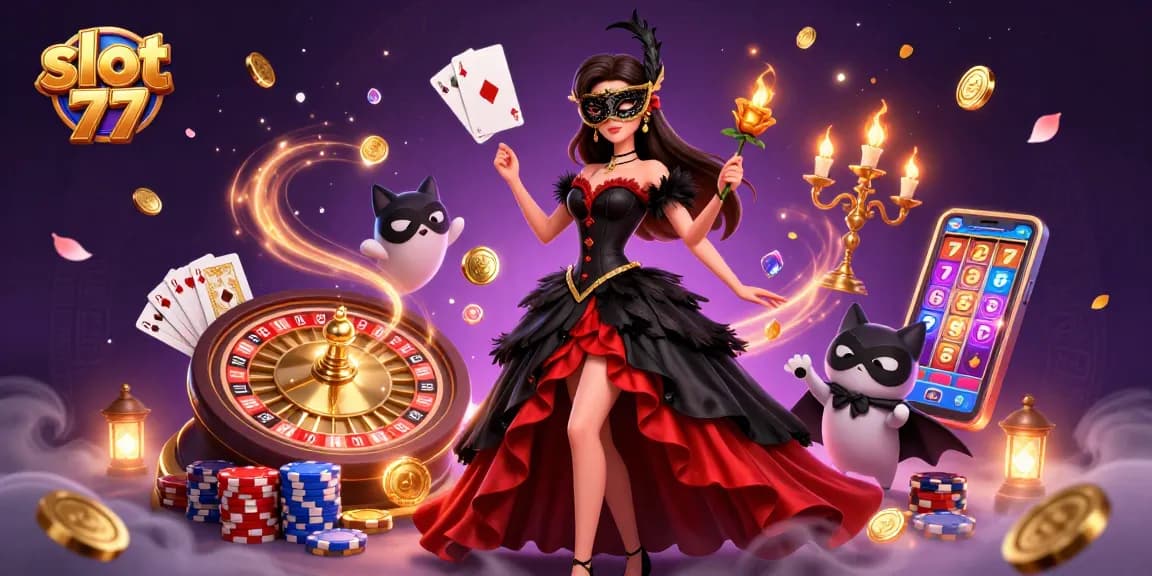 Spin and win at slot 77 with cascading coins and vibrant reels featuring lucky sevens.