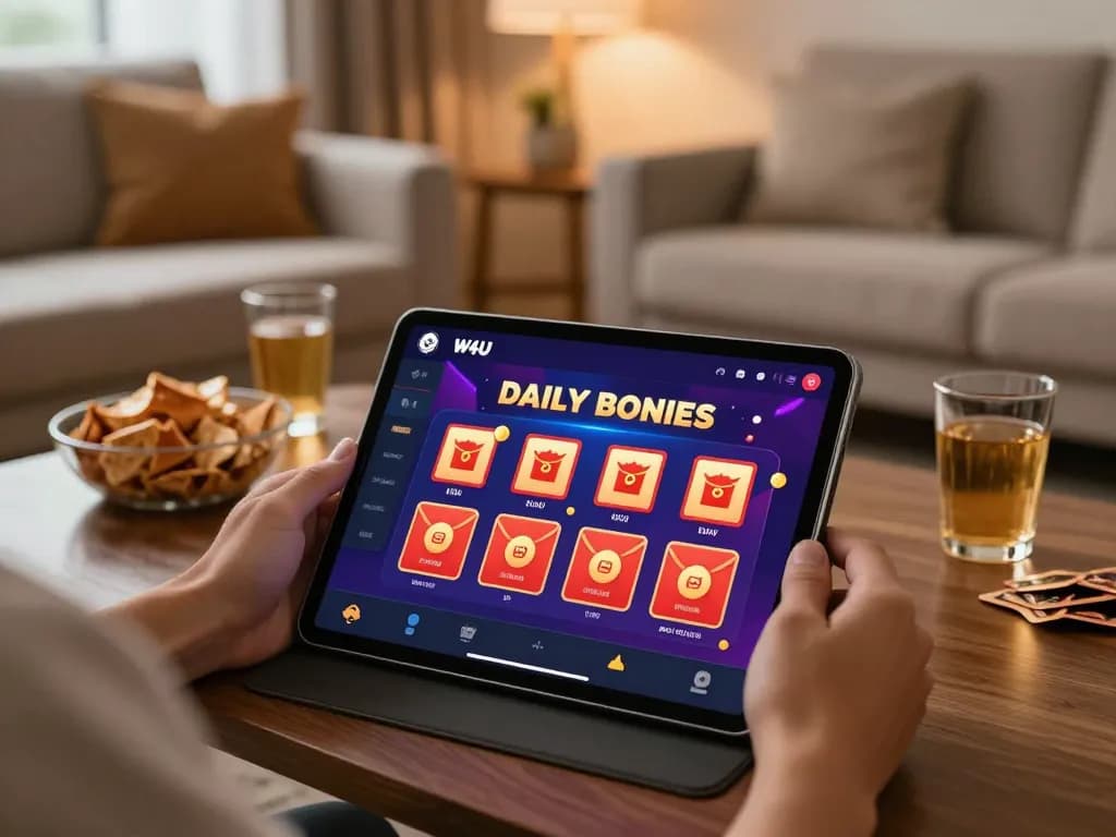 Player enjoying W4U app on tablet, exploring bonuses and Ang Pao rewards in a cozy home setting.