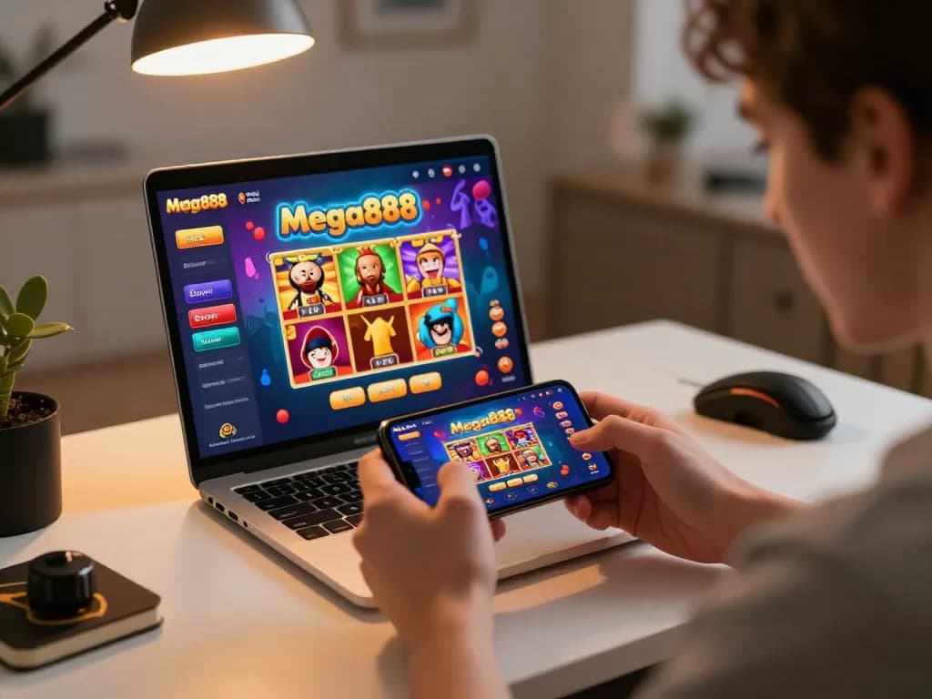 Mega888 Platform gameplay on smartphone in a cozy home gaming environment