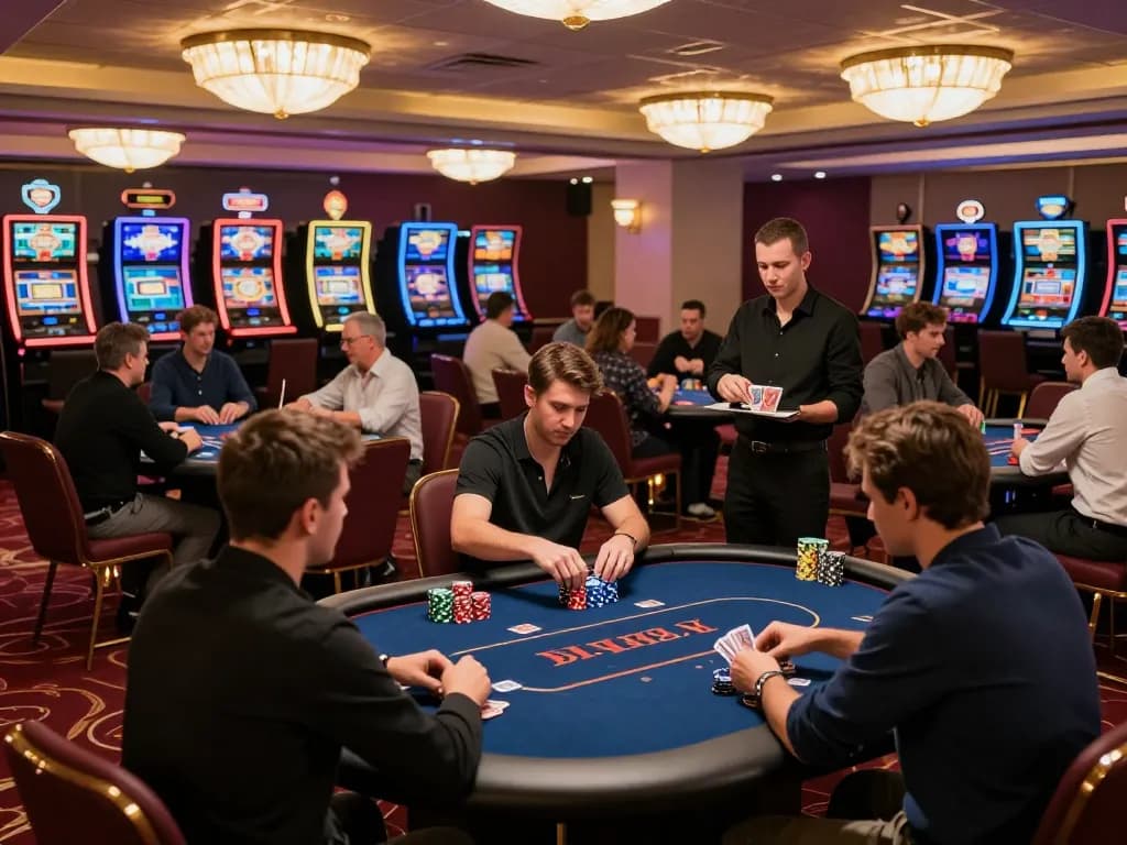 Kong 88 players strategizing at poker tables, vibrant casino atmosphere.
