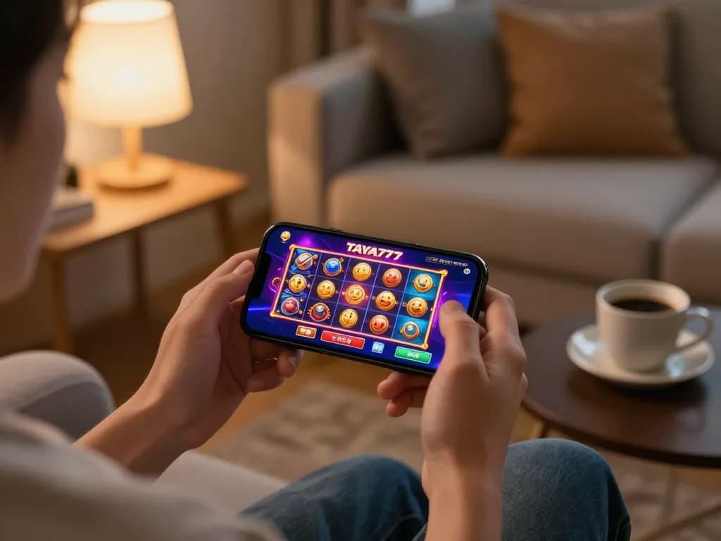 Engaged player using the taya777app to enjoy thrilling online slots in a cozy home setting.