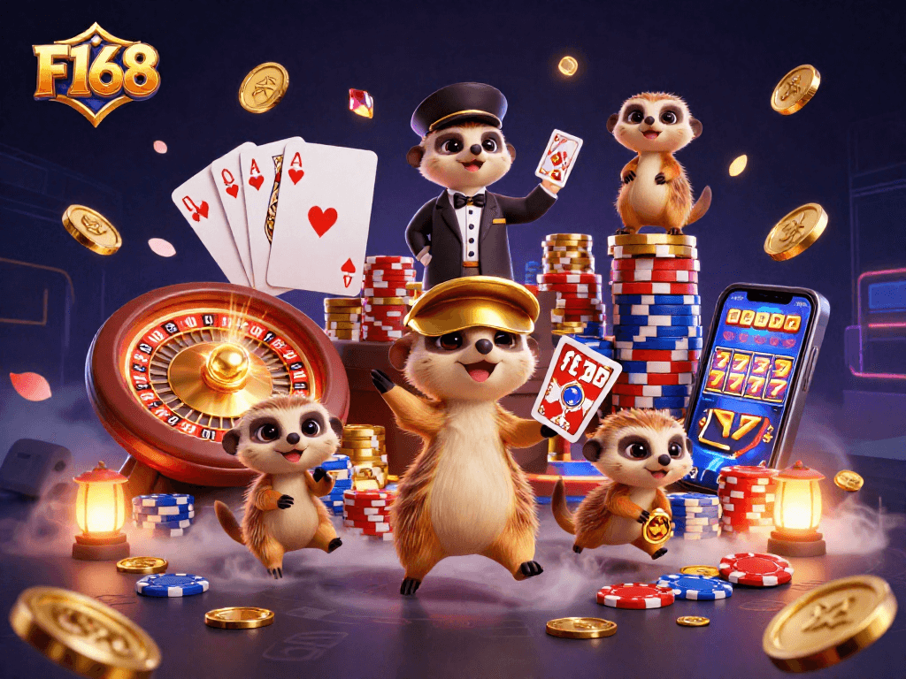 F168 casino scene with meerkats dealing cards and sneaking chips, vibrant and dynamic.