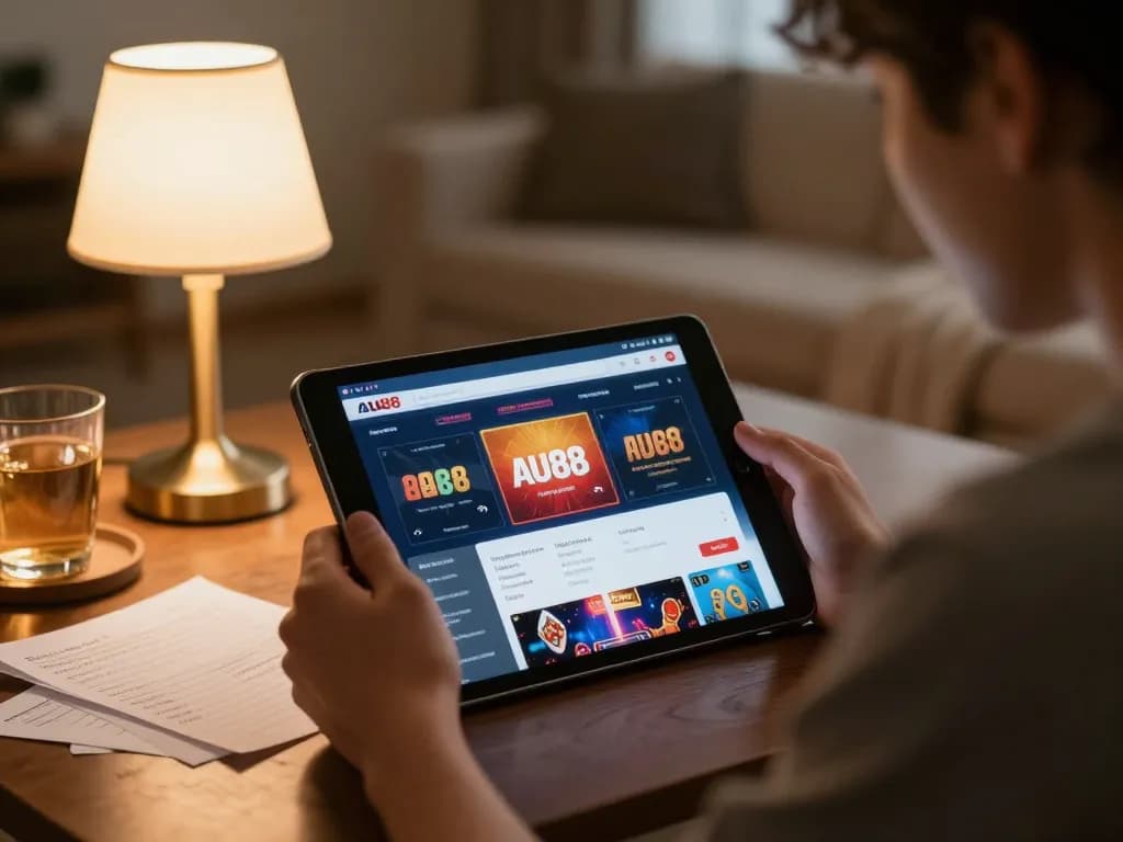 Person using the au88 app on a tablet, immersed in online gaming with strategic notes nearby.