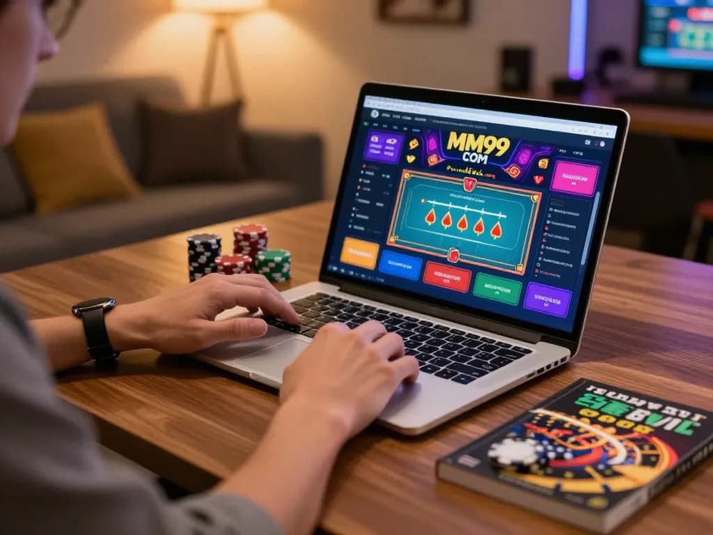 Engaging with MM99 COM platform on a laptop while enjoying a cozy gaming atmosphere.
