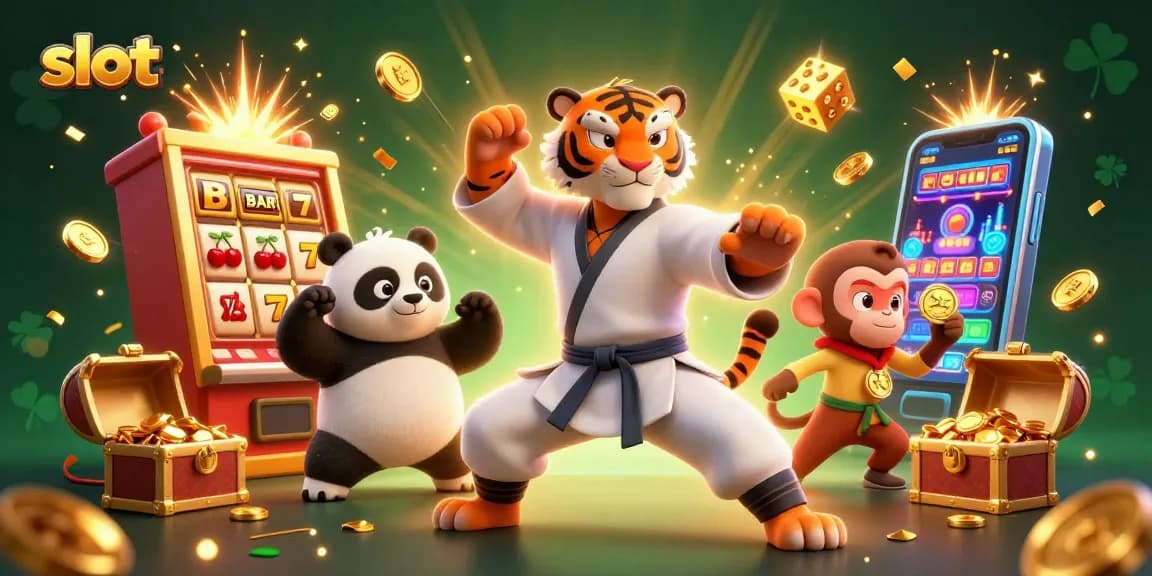 Slot menampilkan karakter kungfu dan elemen kasino yang menghibur dengan slot dan medali emas.