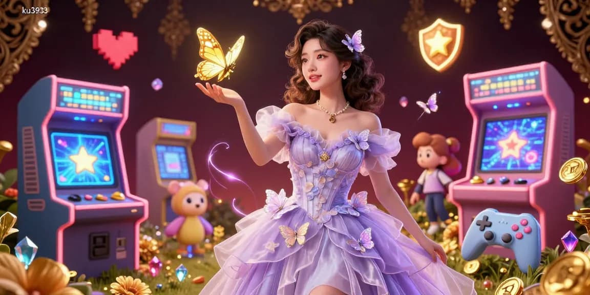 Experience the excitement of ku3933 gaming with vibrant visuals featuring arcade machines, golden butterflies, and casino elements.