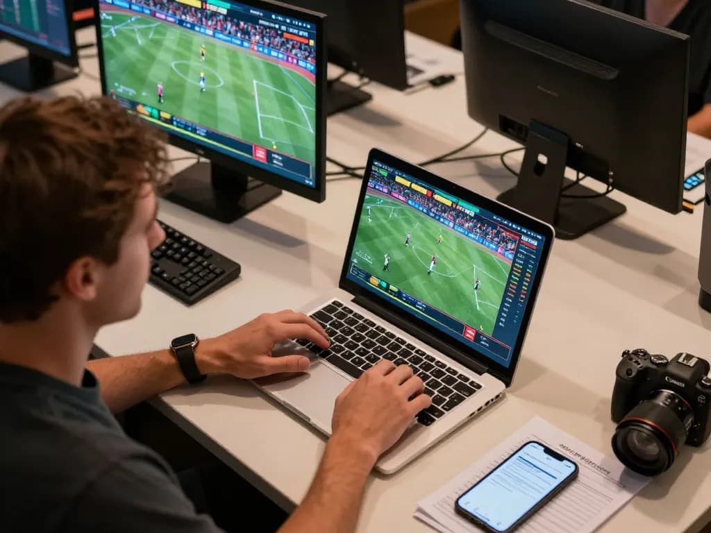 Betting enthusiast analyzing tic 88 sports odds on multiple screens in a focused workspace.