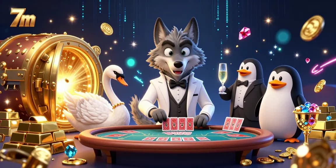 Experience the thrill of 7m casino action with a debonair wolf and elegant swan at a baccarat table.