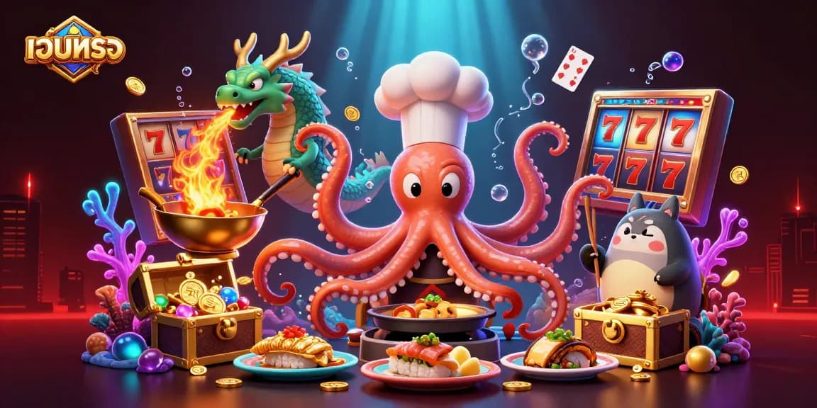 Engage with เว็บตรง casino excitement featuring a cartoon octopus chef and dragon creating winning dishes.