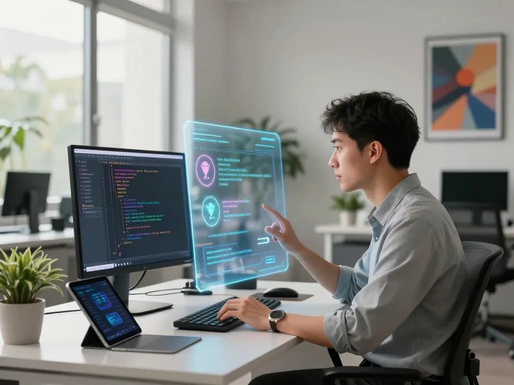 Engaging with juicy ai in a virtual workspace featuring holographic interface and modern devices