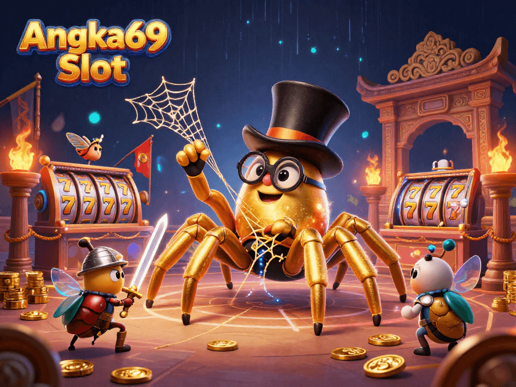 Engage with Angka69 Slot in a lively casino scene featuring unique characters and vibrant artwork.