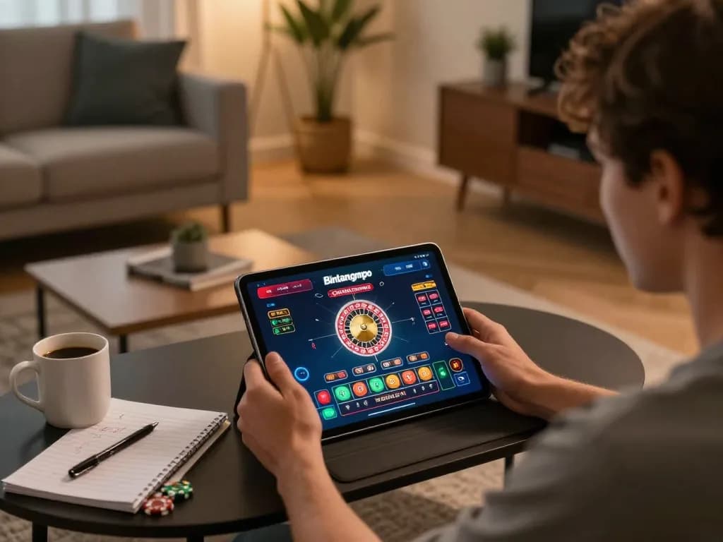 Pemain Bintangmpo menikmati permainan dealer langsung di tablet di suasana rumah yang nyaman