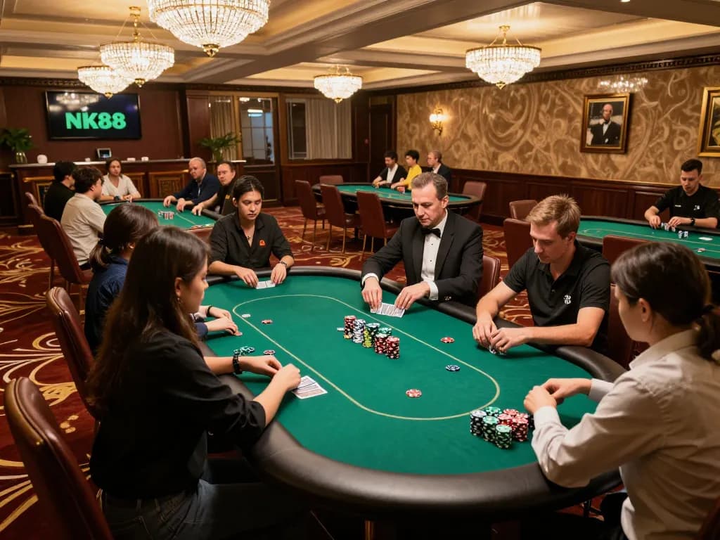 Players enjoying strategic poker gameplay at NK88 casino, showcasing vibrant chips and engaging atmosphere