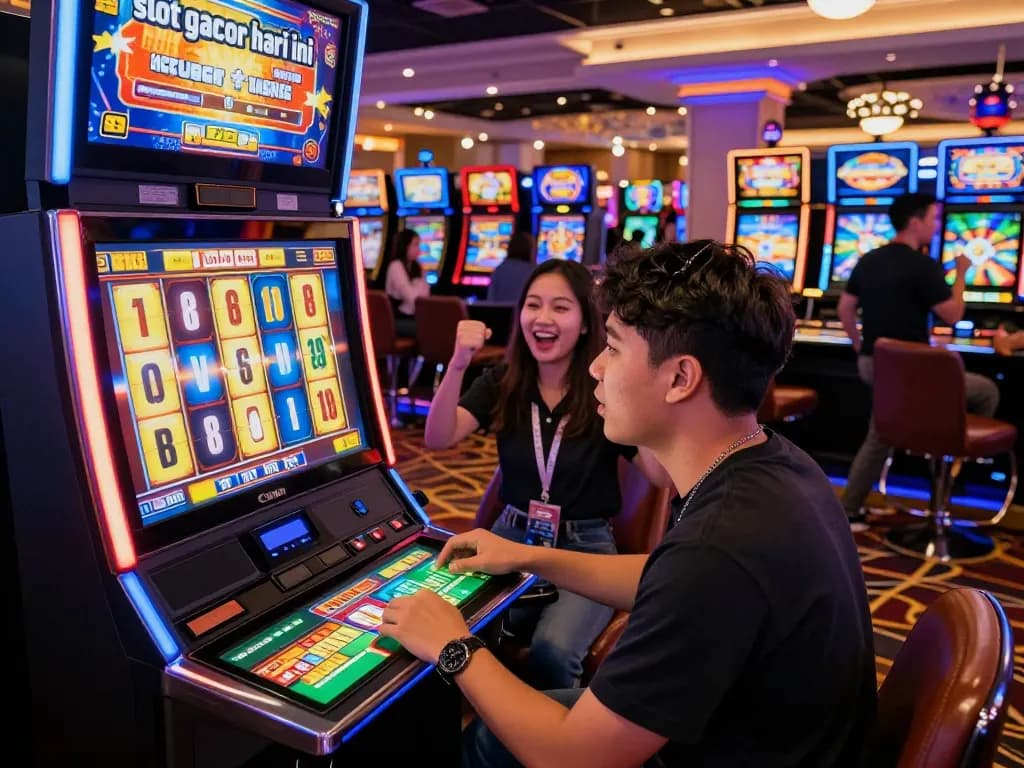 Pemain menikmati pengalaman slot gacor hari ini yang mendebarkan di tengah suasana kasino yang berwarna-warni.