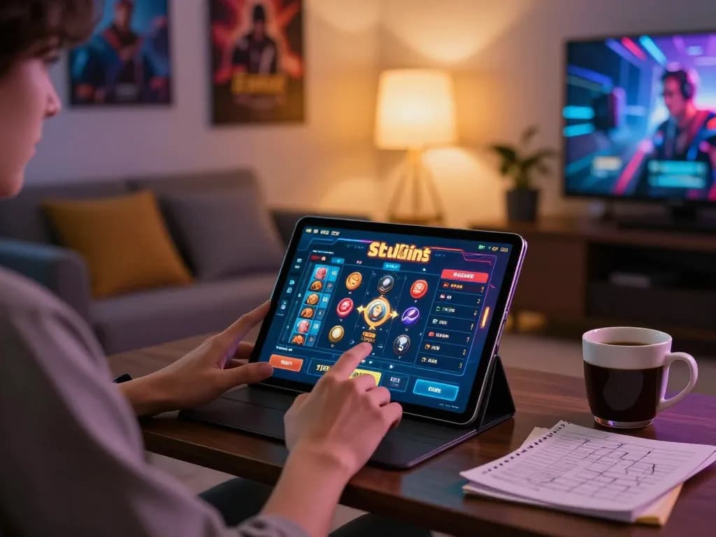 Pengalaman bermain yang menarik di situs slot online dengan pemain yang fokus pada tablet, suasana rumah yang nyaman.