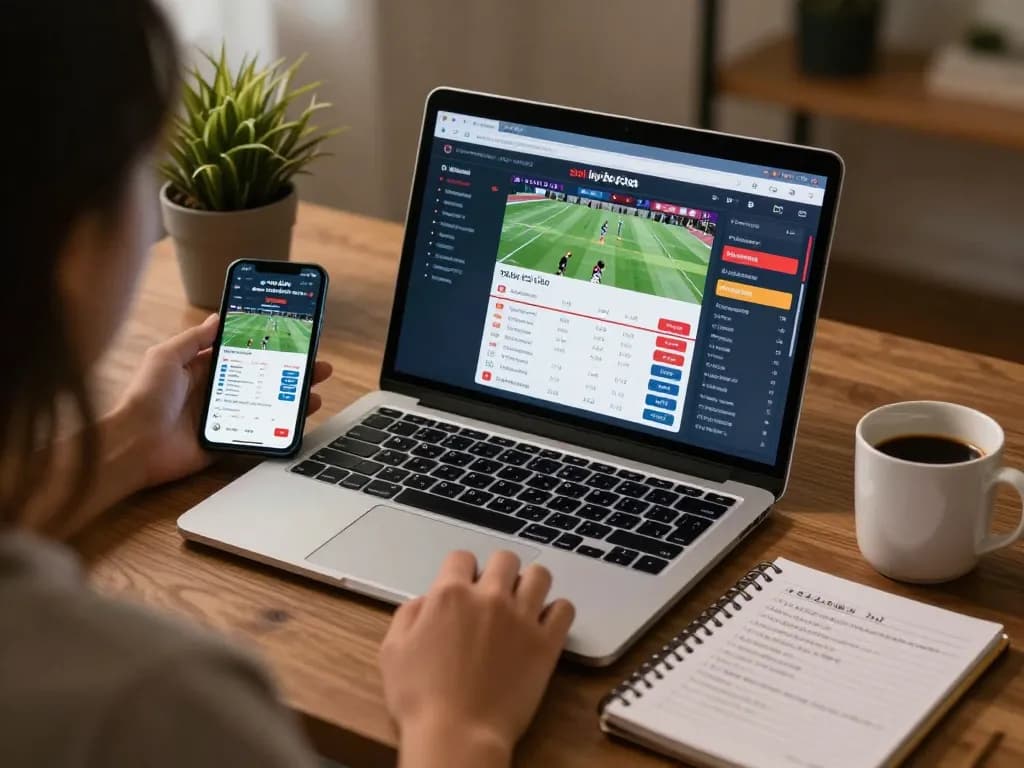 Engaging in sports betting with soi kèo nhà cái displayed on a laptop screen and mobile app.