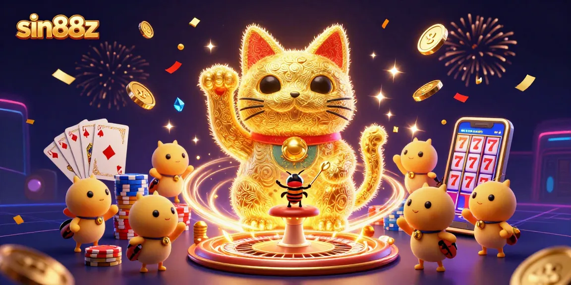Experience thrilling wins with sin88z in a vibrant, dynamic casino scene featuring a giant lucky cat.