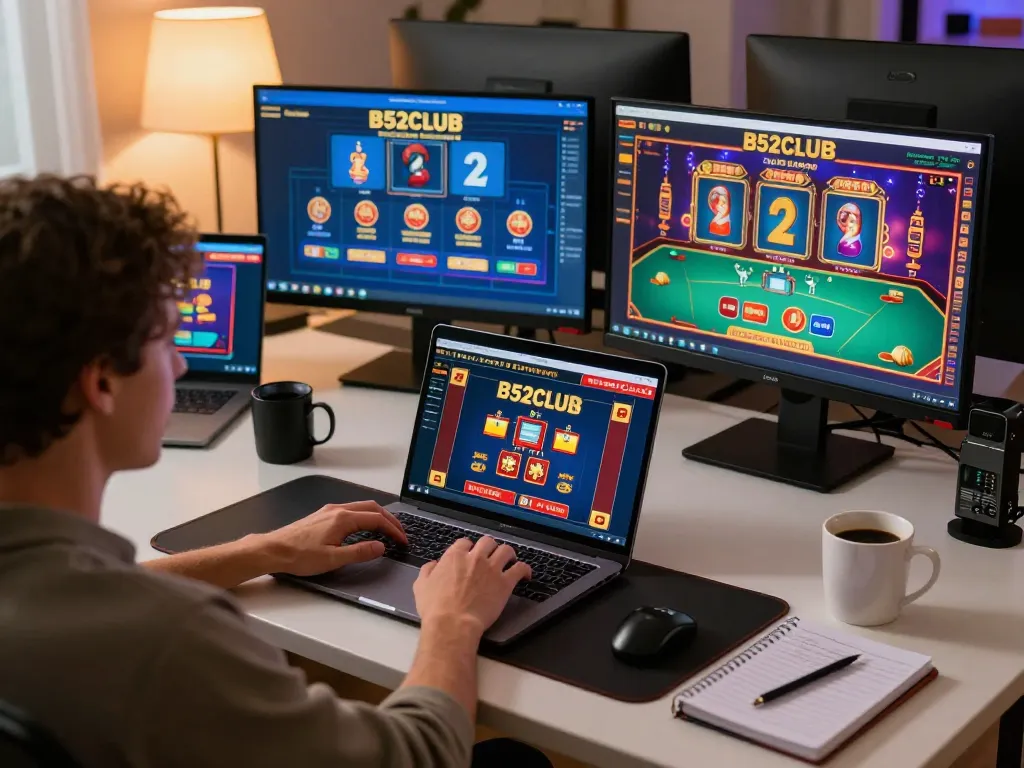 Engaging player at B52CLUB enjoying online casino games on multiple devices in a cozy home setting
